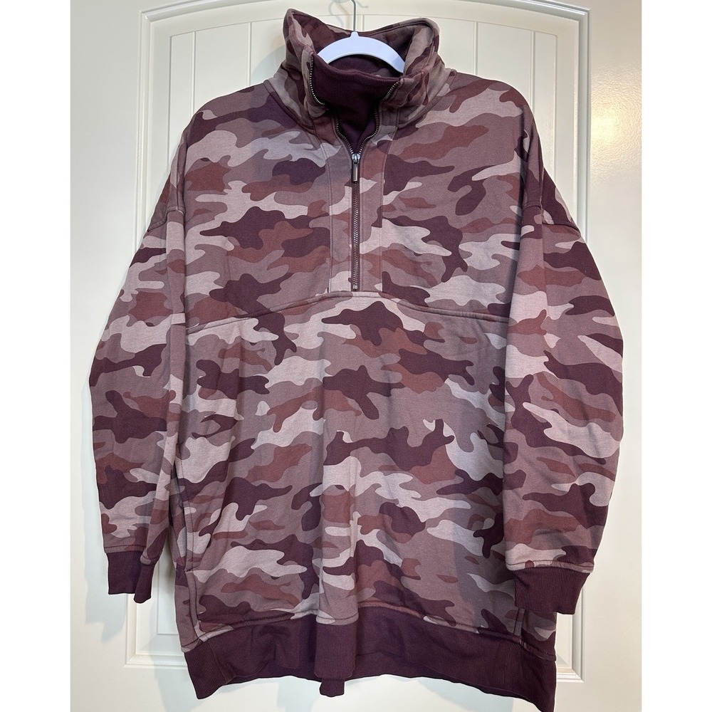Old Navy womens oversized fleece lined camo 1/2 zip sweatshirt pockets sz L EUC